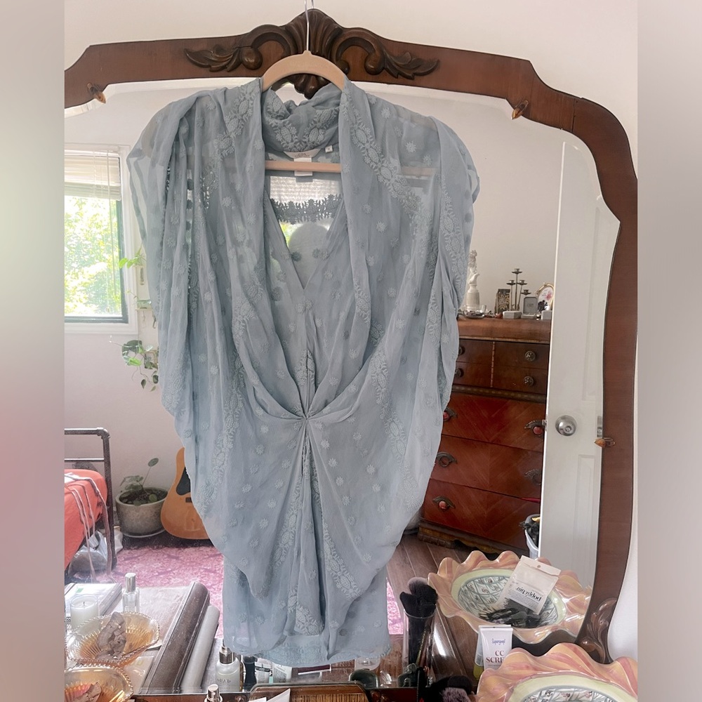 Baby Blue Silk Butterfly Sleeve Embroidered Blouse
